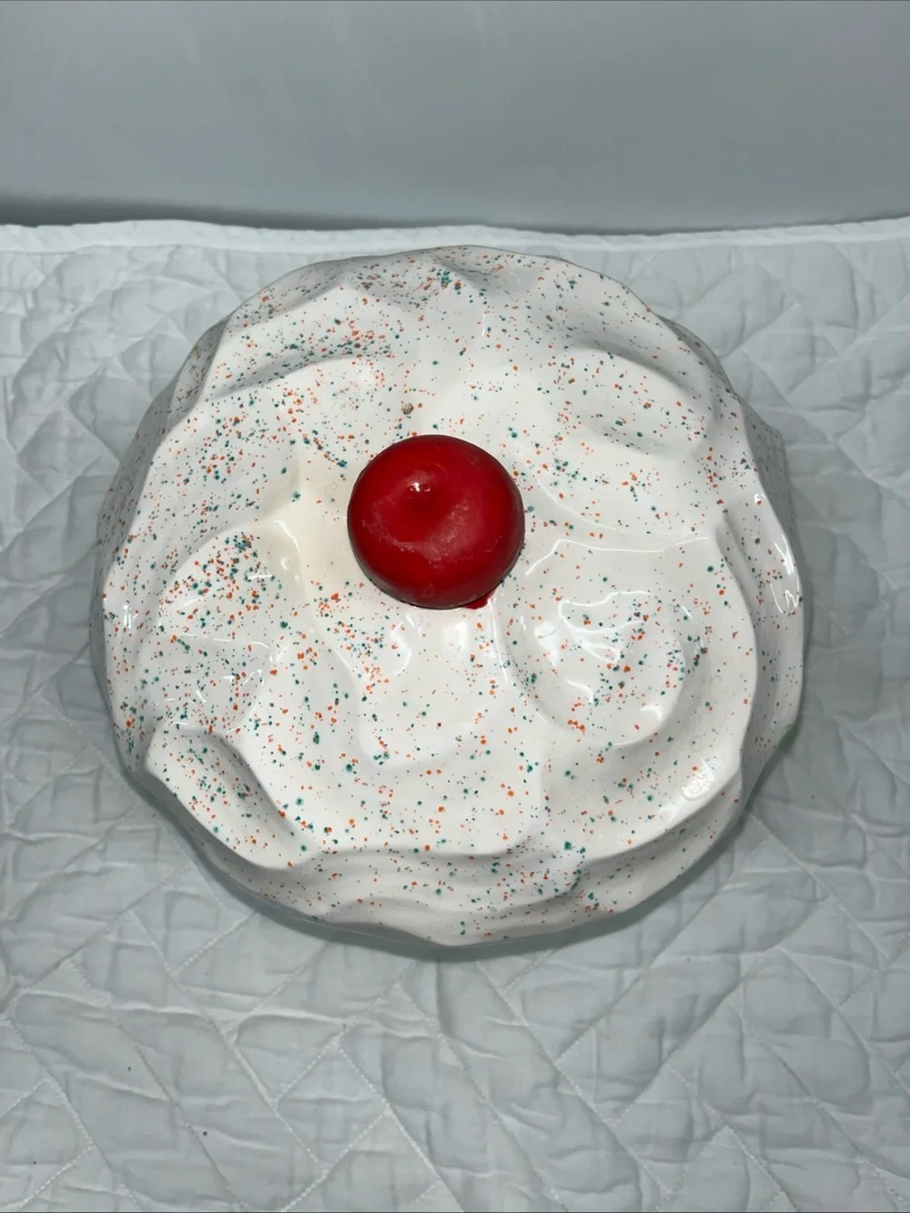 Vintage MCM Ceramic Cupcake Treat Jar - Green with White Frosting and Red Cherry